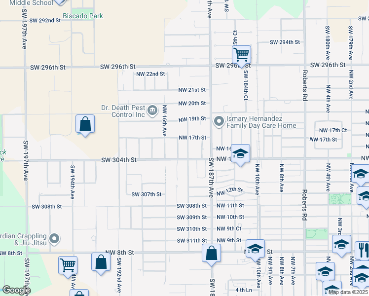 map of restaurants, bars, coffee shops, grocery stores, and more near 1630 Northwest 15th Avenue in Homestead
