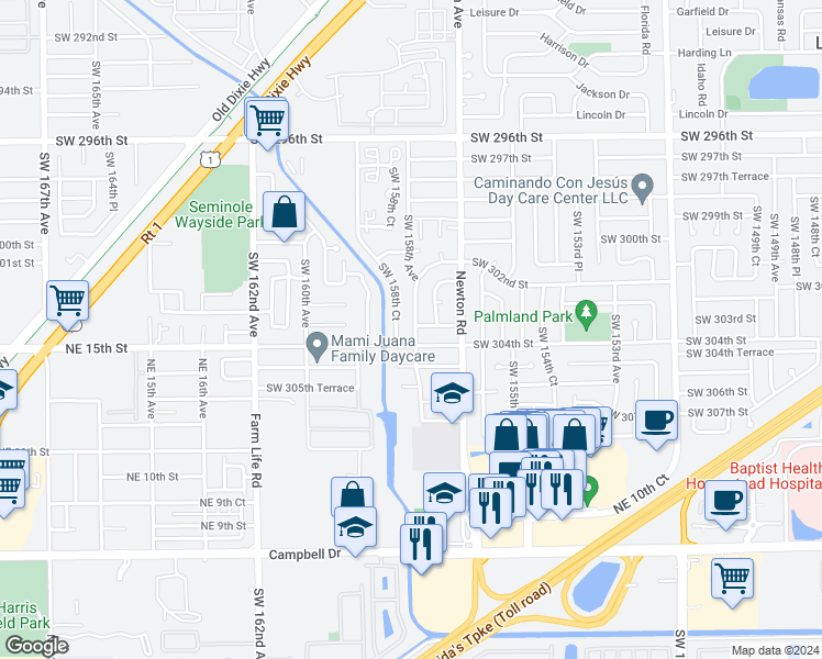 map of restaurants, bars, coffee shops, grocery stores, and more near 30340 Southwest 158th Avenue in Homestead