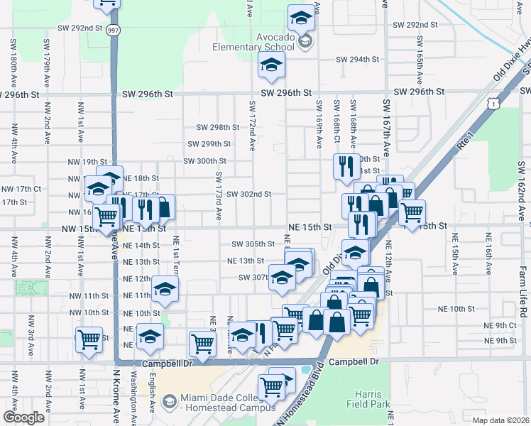 map of restaurants, bars, coffee shops, grocery stores, and more near 30321 Southwest 172nd Avenue in Homestead