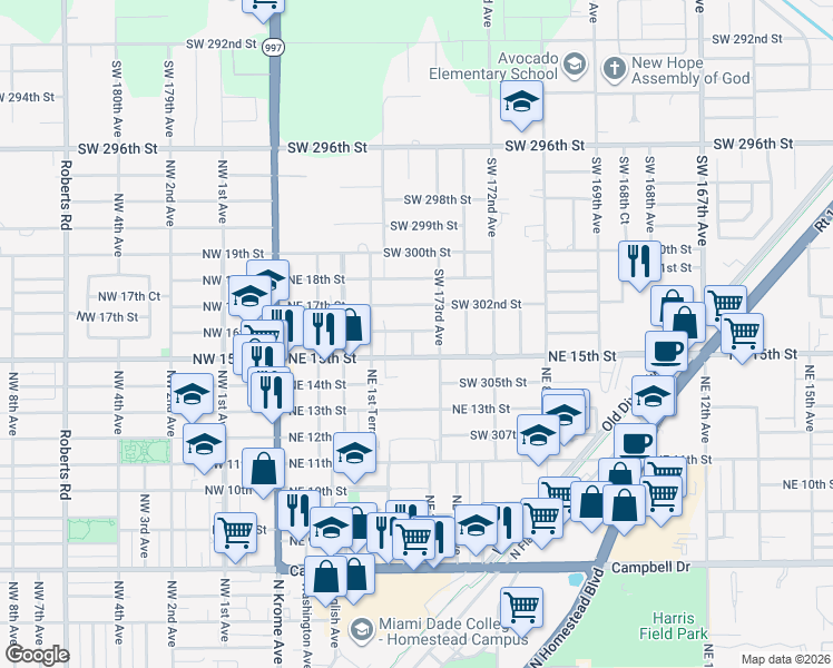 map of restaurants, bars, coffee shops, grocery stores, and more near 325 Northeast 15th Street in Homestead