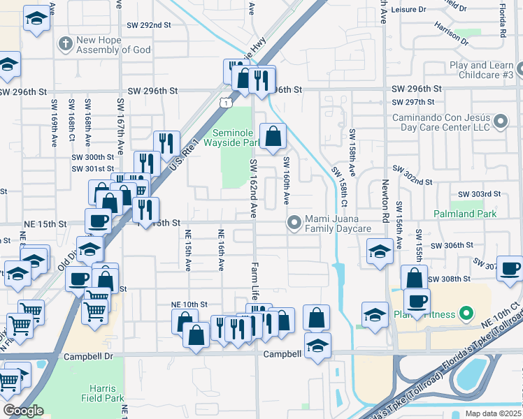map of restaurants, bars, coffee shops, grocery stores, and more near 30347 Southwest 162nd Avenue in Homestead