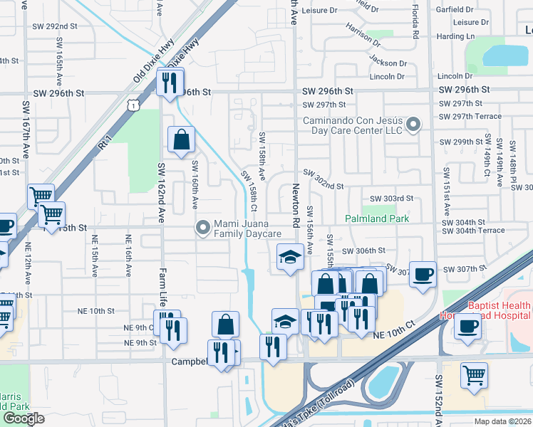 map of restaurants, bars, coffee shops, grocery stores, and more near 15761 Southwest 304th Street in Homestead