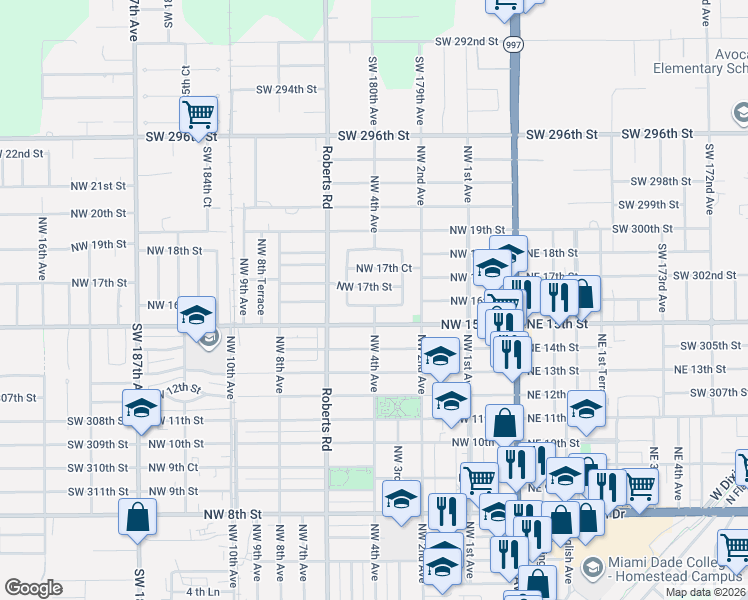 map of restaurants, bars, coffee shops, grocery stores, and more near 420 Northwest 16th Street in Homestead