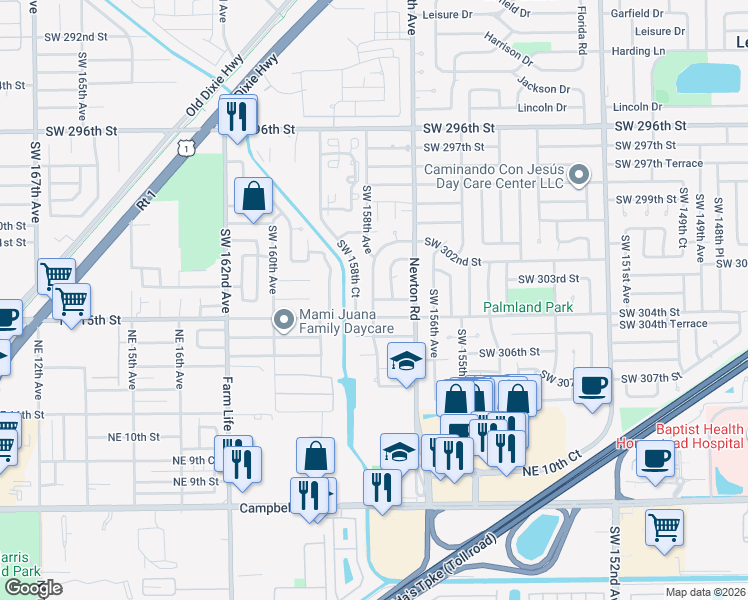 map of restaurants, bars, coffee shops, grocery stores, and more near 15761 Southwest 304th Street in Homestead