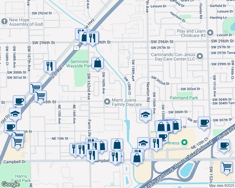 map of restaurants, bars, coffee shops, grocery stores, and more near 15945 Southwest 304th Street in Homestead