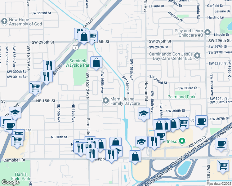 map of restaurants, bars, coffee shops, grocery stores, and more near 15945 Southwest 304th Street in Homestead