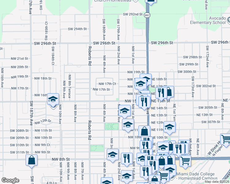 map of restaurants, bars, coffee shops, grocery stores, and more near 300 Northwest 16th Street in Homestead