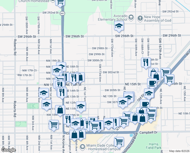 map of restaurants, bars, coffee shops, grocery stores, and more near 325 Northeast 15th Street in Homestead