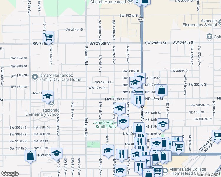map of restaurants, bars, coffee shops, grocery stores, and more near 1720 Northwest 3rd Avenue in Homestead