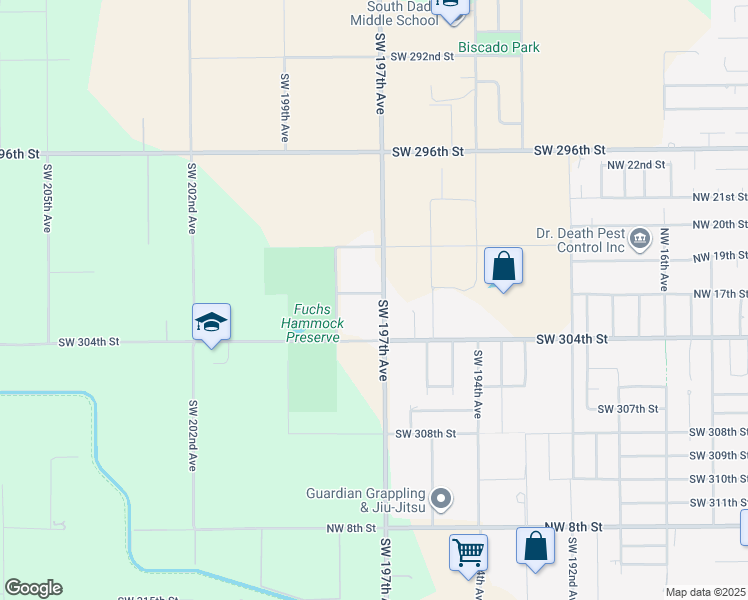 map of restaurants, bars, coffee shops, grocery stores, and more near 19755 Southwest 302nd Street in Homestead
