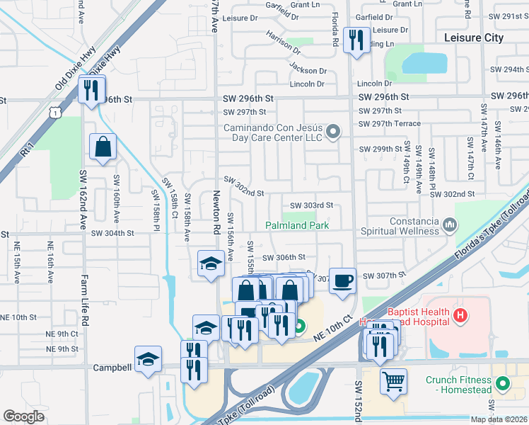 map of restaurants, bars, coffee shops, grocery stores, and more near 30214 Southwest 154th Court in Homestead