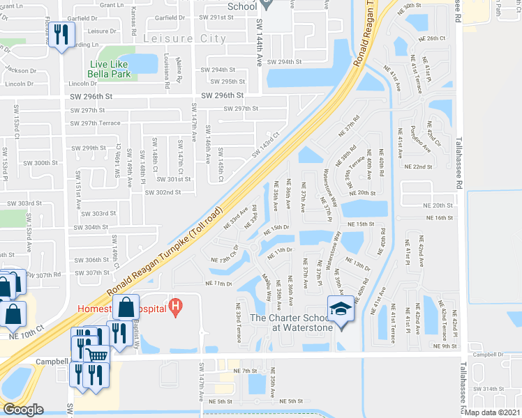 map of restaurants, bars, coffee shops, grocery stores, and more near 1760 Northeast 35th Avenue in Homestead