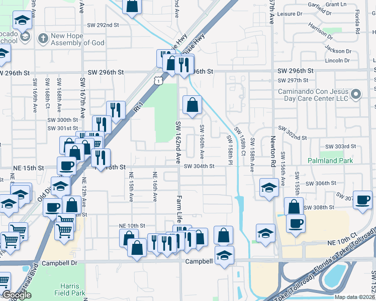 map of restaurants, bars, coffee shops, grocery stores, and more near 30200 Southwest 161st Court in Homestead