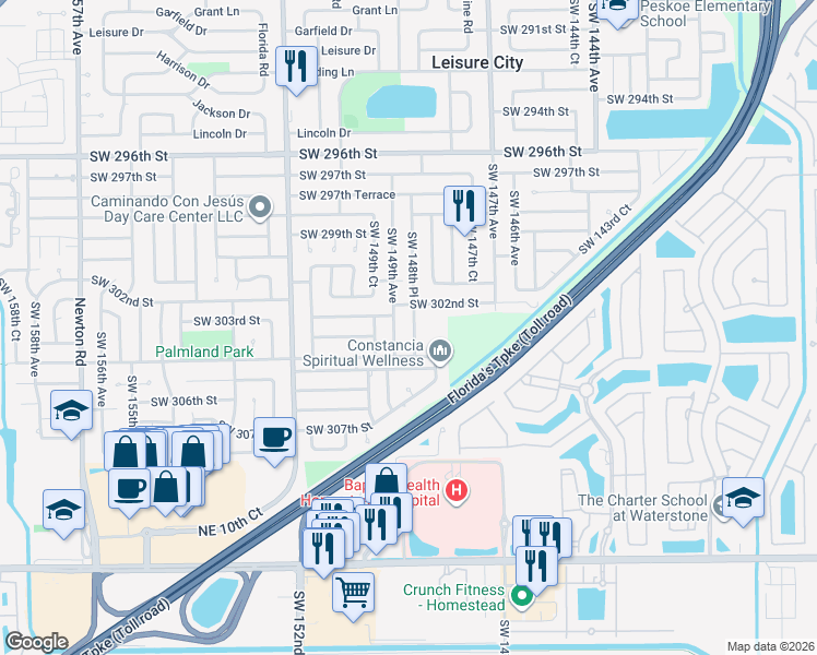 map of restaurants, bars, coffee shops, grocery stores, and more near 30211 Southwest 148th Place in Homestead