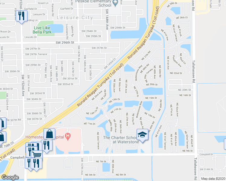 map of restaurants, bars, coffee shops, grocery stores, and more near 1760 Northeast 35th Avenue in Homestead