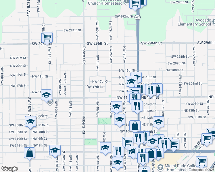 map of restaurants, bars, coffee shops, grocery stores, and more near 1720 Northwest 3rd Avenue in Homestead