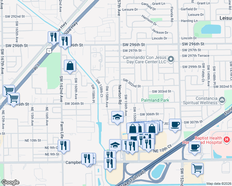 map of restaurants, bars, coffee shops, grocery stores, and more near 15750 Southwest 303rd Street in Homestead