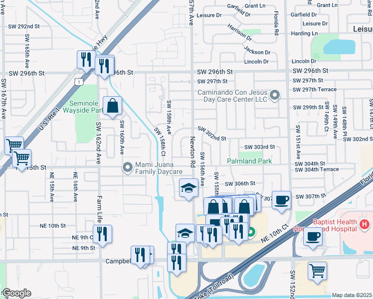 map of restaurants, bars, coffee shops, grocery stores, and more near 15750 Southwest 303rd Street in Homestead