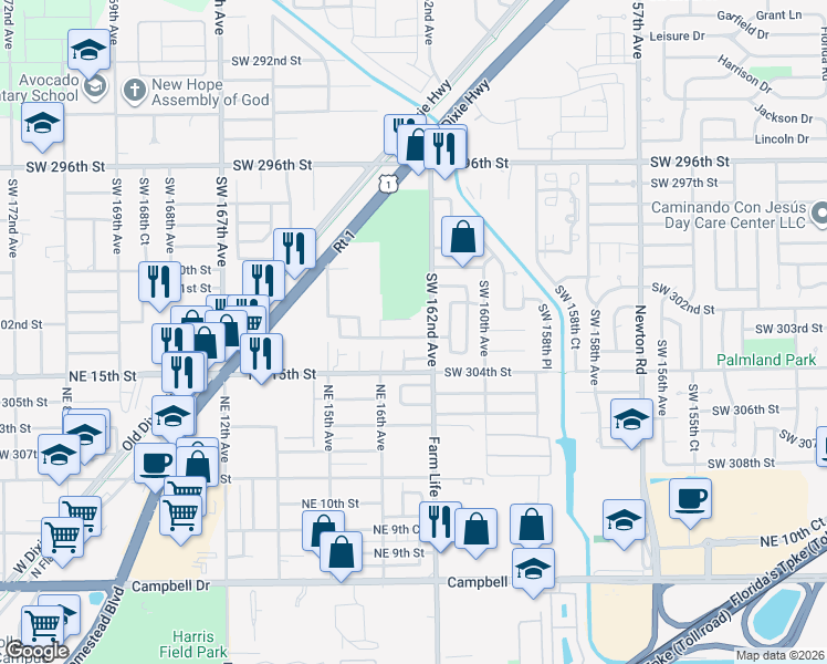 map of restaurants, bars, coffee shops, grocery stores, and more near 16234 Southwest 302nd Street in Homestead