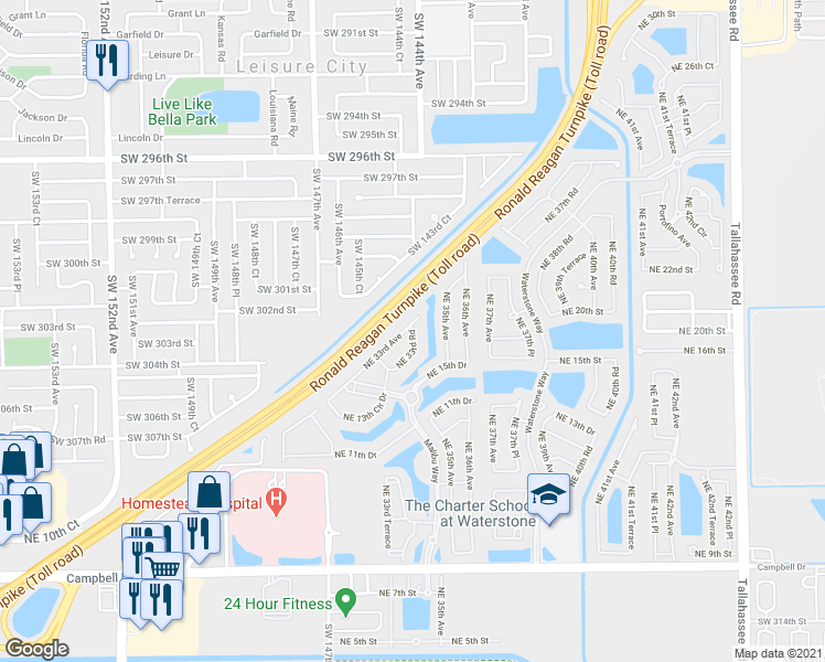 map of restaurants, bars, coffee shops, grocery stores, and more near 1595 Northeast 33rd Road in Homestead