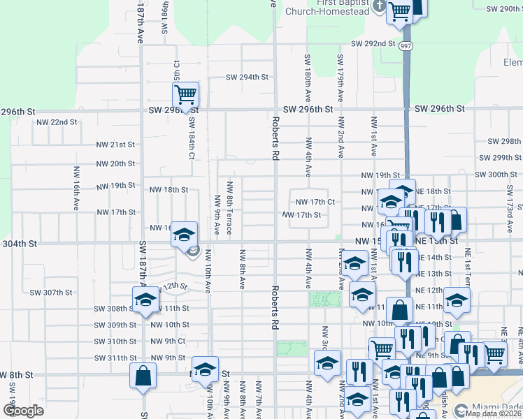 map of restaurants, bars, coffee shops, grocery stores, and more near 730 Northwest 17th Court in Homestead