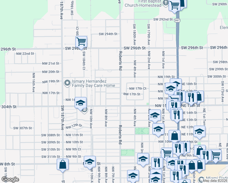 map of restaurants, bars, coffee shops, grocery stores, and more near 730 Northwest 17th Court in Homestead