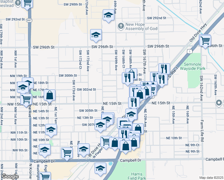 map of restaurants, bars, coffee shops, grocery stores, and more near 16930 Southwest 301st Terrace in Homestead