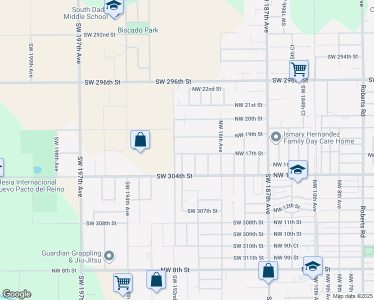 map of restaurants, bars, coffee shops, grocery stores, and more near 1751 Northwest 17th Street in Homestead
