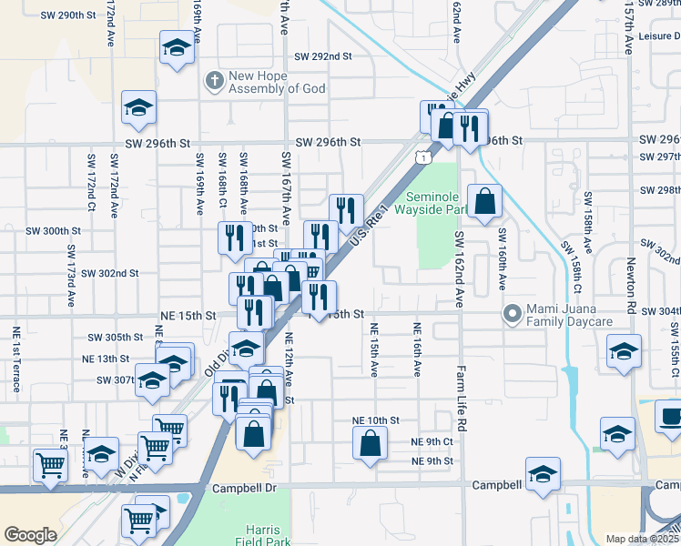 map of restaurants, bars, coffee shops, grocery stores, and more near 30125 South Dixie Highway in Homestead