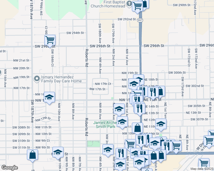 map of restaurants, bars, coffee shops, grocery stores, and more near 1720 Northwest 3rd Avenue in Homestead