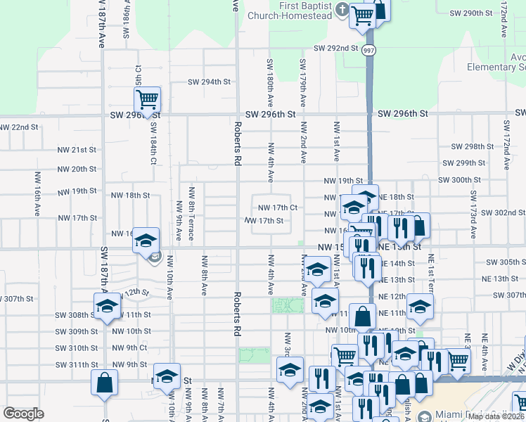 map of restaurants, bars, coffee shops, grocery stores, and more near 426 Northwest 17th Court in Homestead