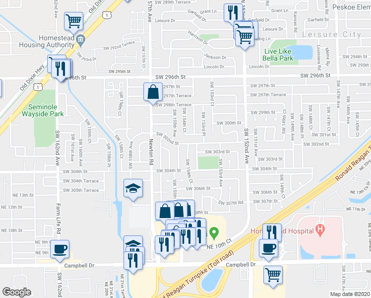 map of restaurants, bars, coffee shops, grocery stores, and more near 30214 Southwest 154th Court in Homestead