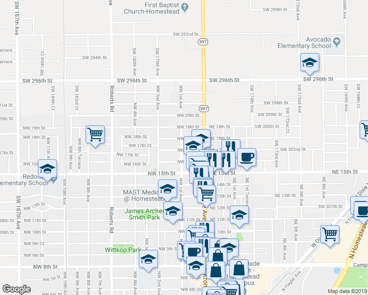 map of restaurants, bars, coffee shops, grocery stores, and more near 87 Northwest 17th Street in Homestead