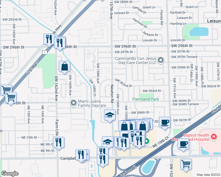 map of restaurants, bars, coffee shops, grocery stores, and more near 30230 Southwest 157th Avenue in Homestead