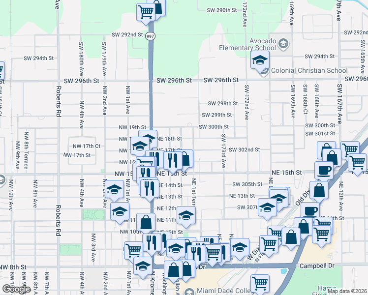 map of restaurants, bars, coffee shops, grocery stores, and more near 95 Northeast 17th Street in Homestead