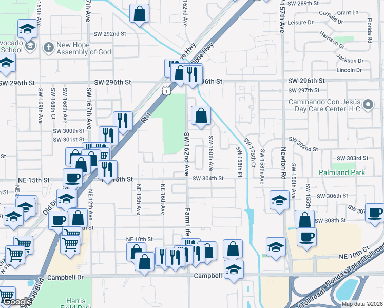 map of restaurants, bars, coffee shops, grocery stores, and more near 30200 Southwest 161st Court in Homestead