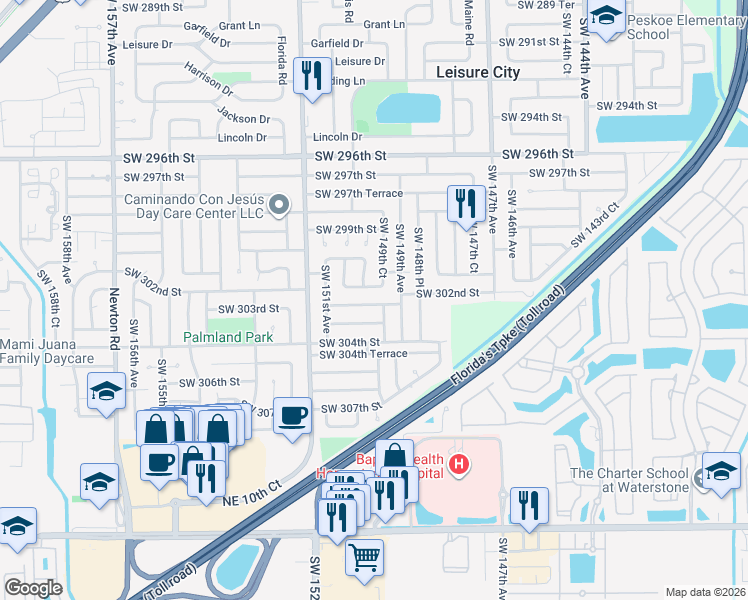 map of restaurants, bars, coffee shops, grocery stores, and more near 14913 Southwest 302nd Terrace in Homestead