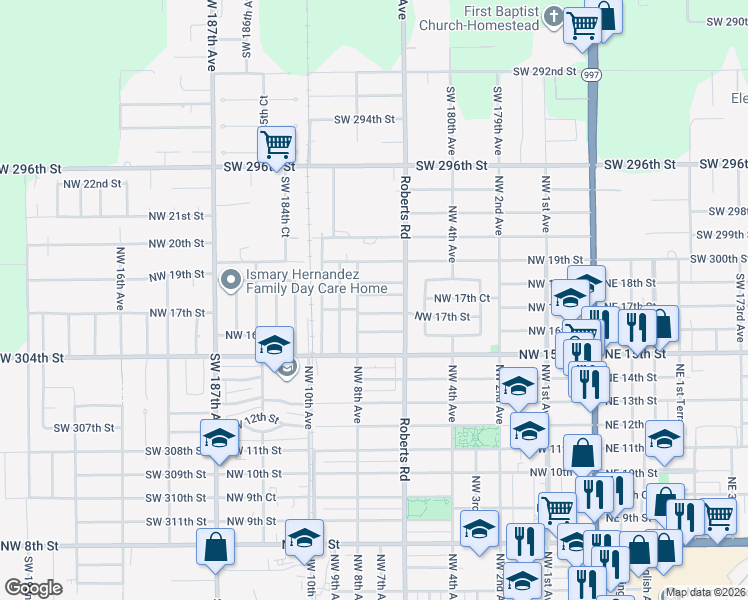 map of restaurants, bars, coffee shops, grocery stores, and more near 730 Northwest 17th Court in Homestead