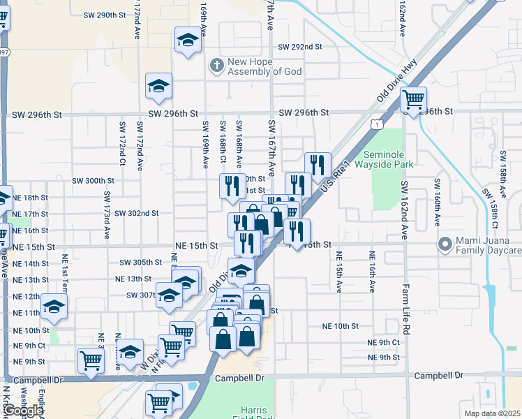map of restaurants, bars, coffee shops, grocery stores, and more near 30200 Old Dixie Highway in Homestead