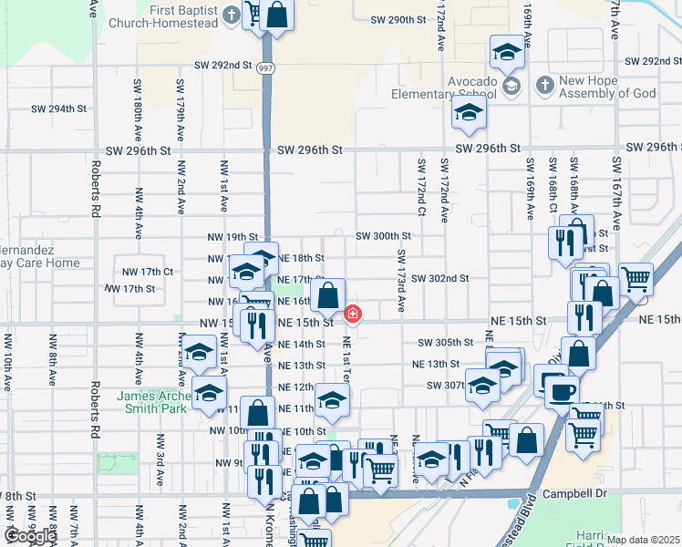 map of restaurants, bars, coffee shops, grocery stores, and more near 1701 Northeast 1st Terrace in Homestead