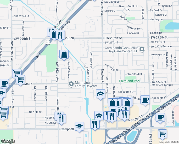 map of restaurants, bars, coffee shops, grocery stores, and more near 30245 Southwest 158th Court in Homestead