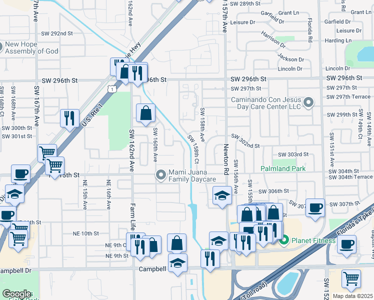 map of restaurants, bars, coffee shops, grocery stores, and more near 30147 Southwest 158th Place in Homestead