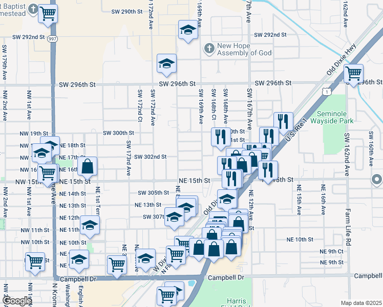 map of restaurants, bars, coffee shops, grocery stores, and more near 16930 Southwest 301st Terrace in Homestead