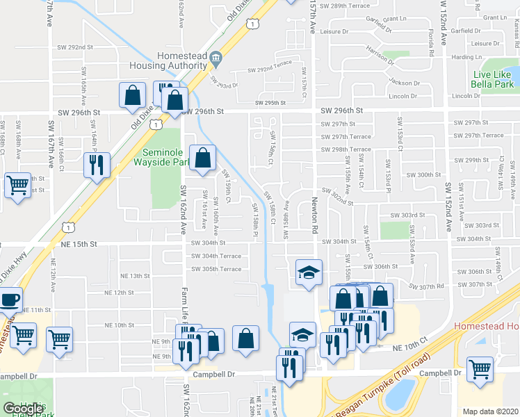 map of restaurants, bars, coffee shops, grocery stores, and more near 30147 Southwest 158th Place in Homestead