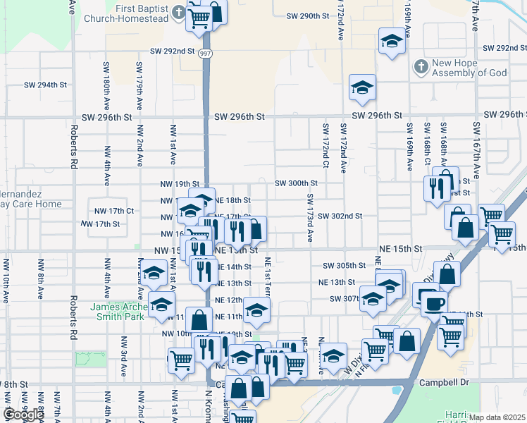 map of restaurants, bars, coffee shops, grocery stores, and more near 1701 Northeast 1st Terrace in Homestead
