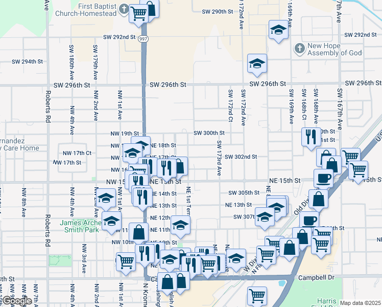 map of restaurants, bars, coffee shops, grocery stores, and more near 1701 Northeast 1st Terrace in Homestead