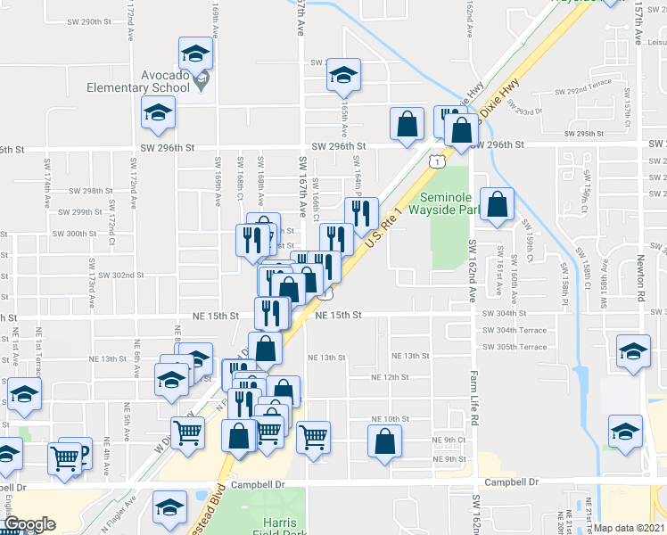 map of restaurants, bars, coffee shops, grocery stores, and more near 30130 Florida 5 in Homestead