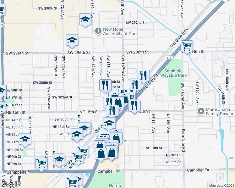 map of restaurants, bars, coffee shops, grocery stores, and more near 30200 Old Dixie Hwy in Homestead