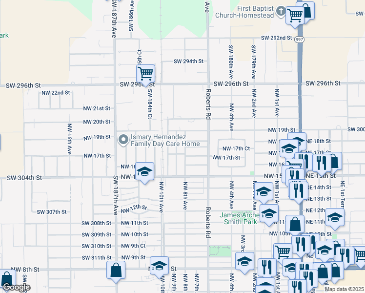map of restaurants, bars, coffee shops, grocery stores, and more near 1736 Northwest 8th Terrace in Homestead