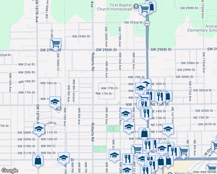 map of restaurants, bars, coffee shops, grocery stores, and more near 426 Northwest 17th Court in Homestead